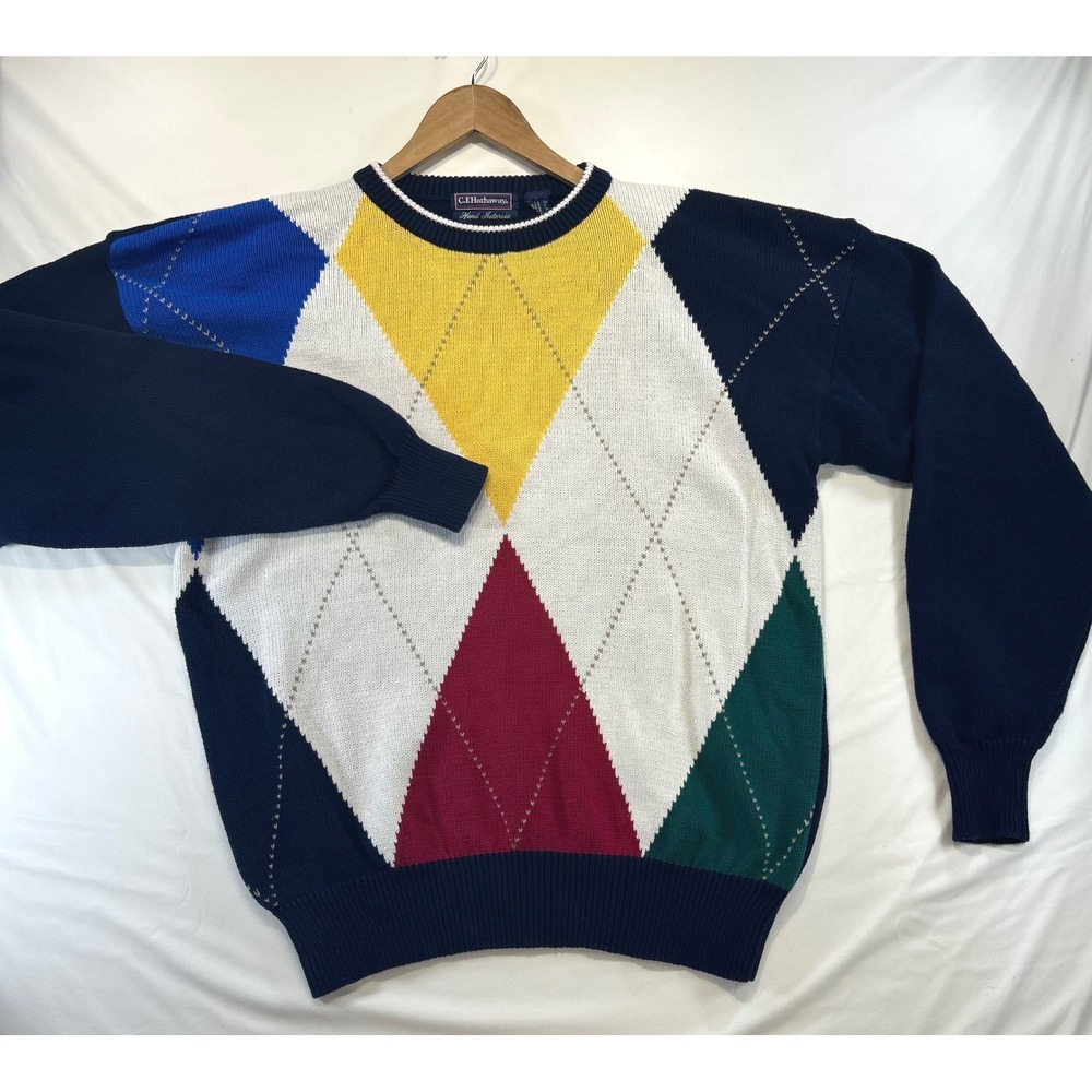 Vintage C.F. Hathaway Grandpacore Argyle Sweater Large Cotton Preppy Retro Navy